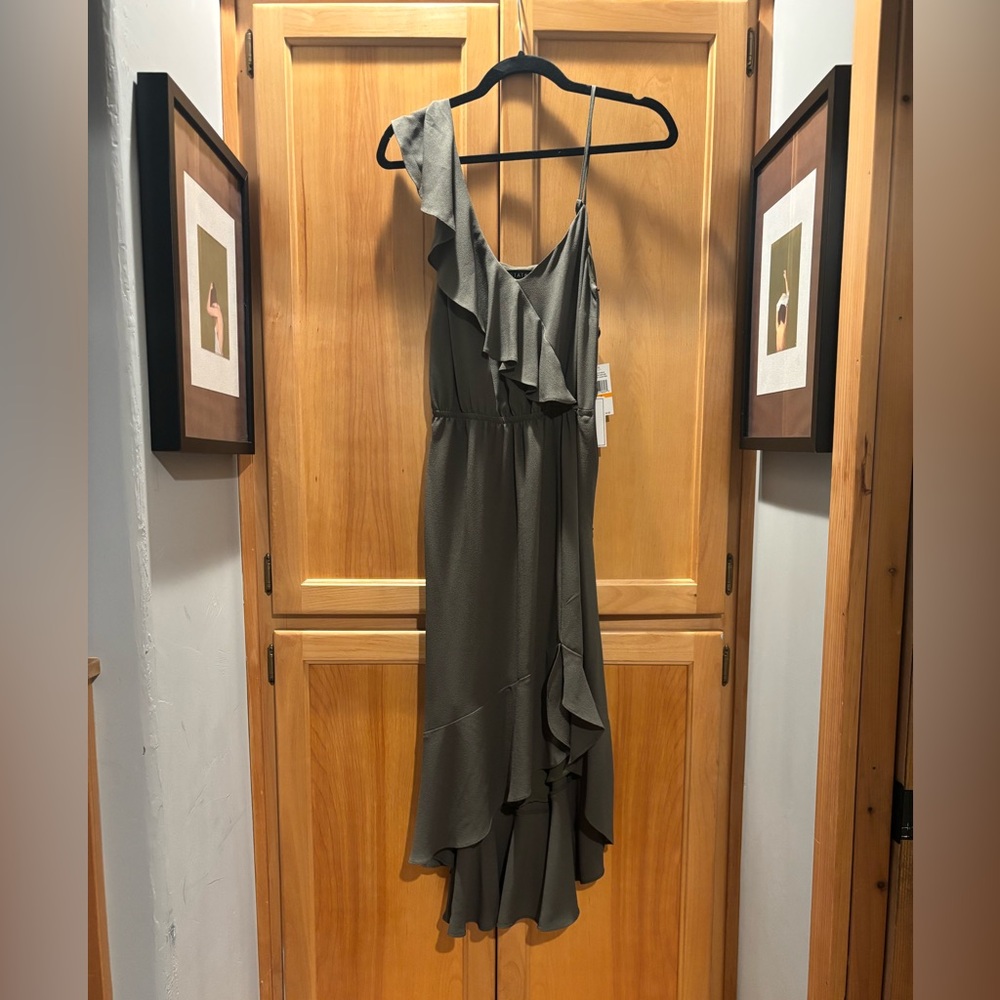 1. State NWT Olive Green Asymmetrical Gray Ruffle Dress